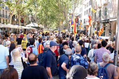 Centenars d’independentistes van protestar ahir contra Sánchez davant del Liceu, a Barcelona.