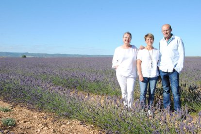 Isabel Blanch, Sumpta Orteu i Ramon Blanch, a la plantació de lavanda Tossal Blau.