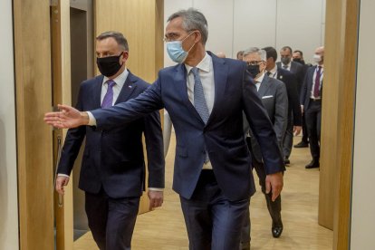 Jens Stoltenberg, ahir, amb el president polonès, Andrzej Duda.