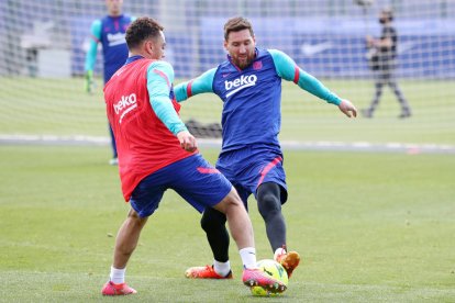 Leo Messi, durant l’entrenament de l’equip barcelonista abans del clàssic.