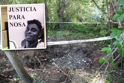 Imagen del lugar donde fue encontrado semienterrado el cadáver el 13 de octubre pasado y fotografía del joven en una manifestación reciente