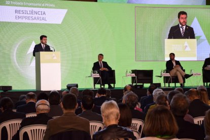 Pere Aragonès, ayer durante la conferencia inaugural de la XXXII Trobada Empresarial al Pirineu.