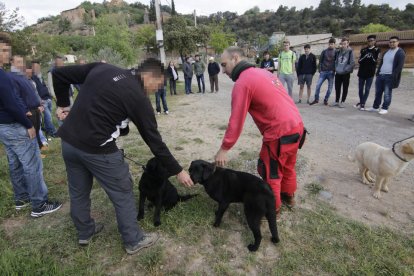 Uno de los usuarios, con dos de los perros, el terapeuta y los alumnos al fondo.