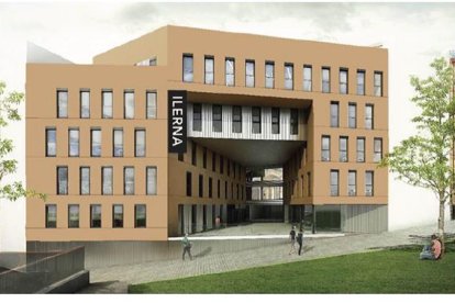 Imagen virtual del futuro edificio, con el gran porche como elemento más característico.