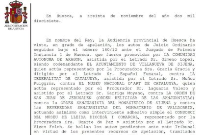 DOCUMENT. La sentència de l'Audiència d'Osca sobre les obres de Sixena