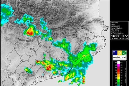 Una imatge del radar del Meteocat aquest divendres per la tarda.