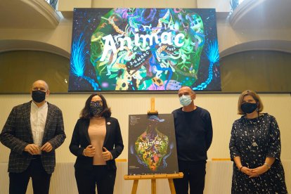 XXVI edición Animac - El concejal de Cultura, Jaume Rutllant, la directora de Animac, Carolina López, el alcalde de Lleida, Miquel Pueyo, y la directora del CaixaForum Lleida, Maribel Tost, en la presentación de Animac ayer en la sala Alfred P ...