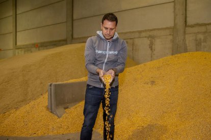 El responsable de Pinsos Gòdia, en el almacén de la fábrica de Alcarràs, donde aún tiene stock de maíz.