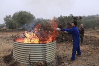 Un pagès tirant restes de poda d'una finca a un forn per fer biocarbó.