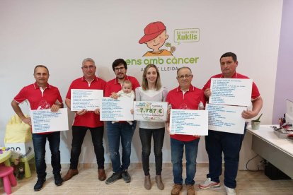 Moment de l’entrega de la donació amb cartells amb els noms de les entitats col·laboradores.