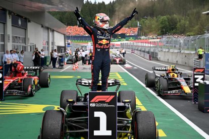 Max Verstappen celebra su victoria al llegar a boxes.