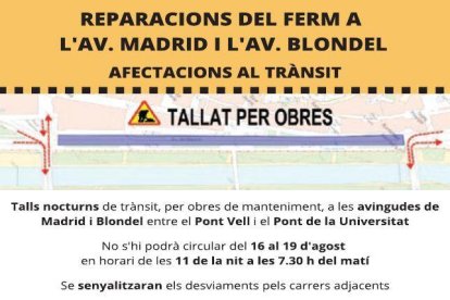 Talls nocturns a les avingudes de Madrid i Blondel de Lleida per obres