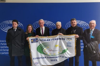 Responsables de la candidatura, durante la recogida de la bandera en Bruselas.