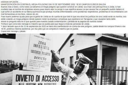 El missatge a les xarxes que convoca una manifestació contra la suposada arribada d'empreses petroquímiques al nou polígon de Lleida.