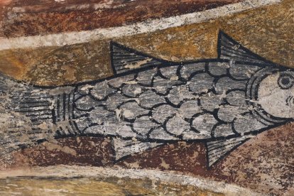 Fragmento de una pintura que decoraba el intradós de la ventana central del ábside de la iglesia de Sant Llorenç de Isavarre, en Sorpe. 