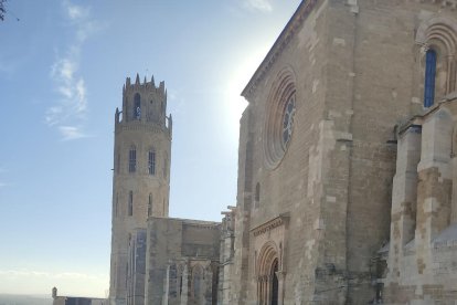 La inspectora Antònia Bardina, junto al coche patrulla en el Turó de la Seu Vella. 