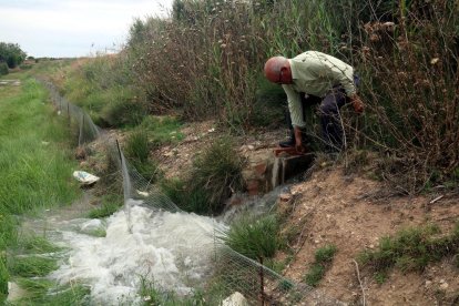 El productor Albert Capdevila aixeca la pala de reg en una finca de pomeres que té a Puiggròs, a les Garrigues