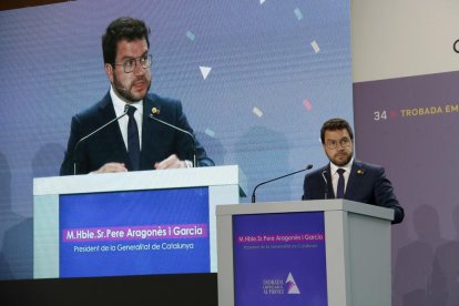 El president de la Generalitat, Pere Aragonès, durant el seu discurs a l'acte inaugural de la Trobada Empresarial al Pirineu.