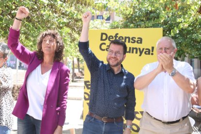 Teresa Jordà, Pere Aragonès i Joan Queralt, ahir en un míting.