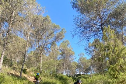 Participantes del raid durante el tramo de ciclismo de montaña. A  la derecha, la celebración en el podio de uno de los equipos ganadores de la competición.