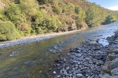 Imagen del caudal de agua que bajaba ayer por el río Noguera Pallaresa a su paso por Sort.