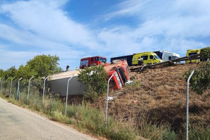 Vista del camió bolcat ahir després de caure per un terraplè a l'A-2 a Bell-lloc d'Urgell