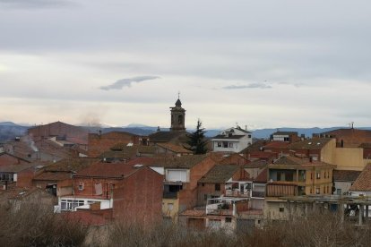 Montoliu de Lleida des de la Serra de les Eres amb el Pirineu nevat de fons