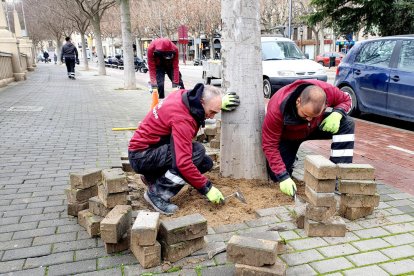 Un grupo de operarios renovando las baldosas de la avenida, ayer. 