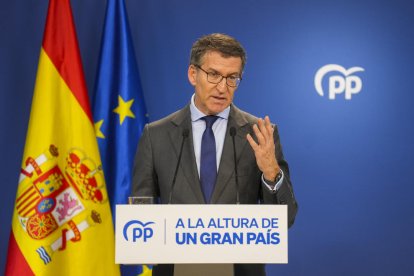 El líder del PP, Alberto Núñez Feijóo, ahir a la seu del partit a Madrid.