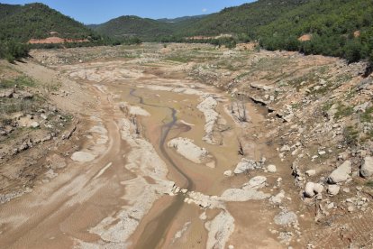 La cua del pantà de Rialb, el mes d’agost passat des del pont del riu Rialb.