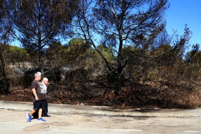 Veïns de Calafell passegen al costat d’una zona calcinada pel foc.