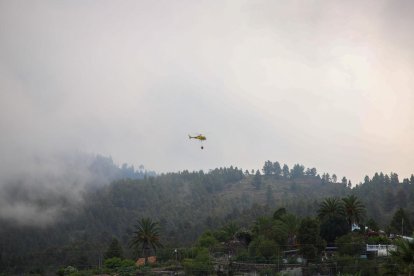 Un helicóptero descarga agua sobre el incendio forestal de La Palma, en el municipio de Tijarafe.