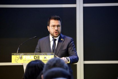 El presidente del Govern, Pere Aragonès, durante el discurso en la 60.ª Fira de l'Oli de les Borges Blanques.