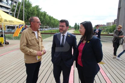 El presidente Aragonès, con Pueyo y Freixanet este viernes en Lleida.