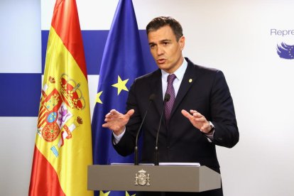 El president del govern espanyol, Pedro Sánchez, durant la roda de premsa posterior a la reunió del Consell, celebrada els 23 i 24 de juny a Brussel·les.