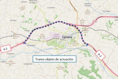 Plànol amb el tram de l'autovia A-2 de la circumval·lació de Cervera on el Ministeri de Transports millorarà el ferm.