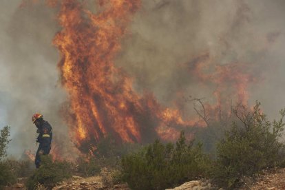 Els bombers intenten contenir un incendi forestal a Dervenochoria, a 50 quilòmetres d’Atenes.