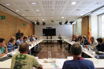 La consellera d'Acció Climàtica, Alimentació i Agenda Rural, Teresa Jordà i Roura i el secretari d'Alimentació, Carmel Mòdol i Bresolí, durant la reunió amb les agrupacions agràries aquest divendres.