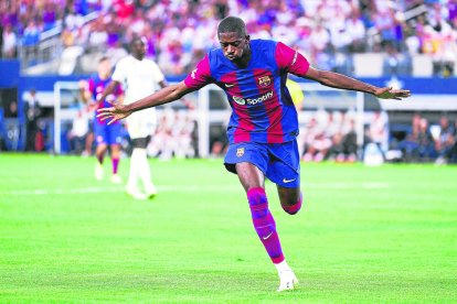 Dembélé celebra su gol, que sirvió para abrir el marcador del duelo que enfrentó Barça y Madrid en Tejas.