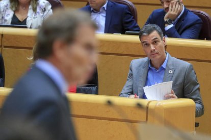 Sánchez mira Feijóo durant el cara a cara al Senat.