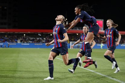 Fridolina Rolfö celebra el gol, convertit de penal, que va significar el triomf en el clàssic amb el Madrid.