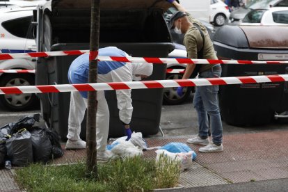 La Ertzaintza buscando pruebas el domingo en unos contenedores cercano al crimen de Vitoria.