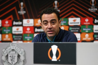 Xavi Hernández, ayer en la rueda de prensa que dio en Manchester.