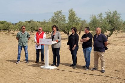 La consellera d'Acció Climàtica, Teresa Jordà, acompanyada de representats d'organitzacions agràries durant una roda de premsa a Verdú.