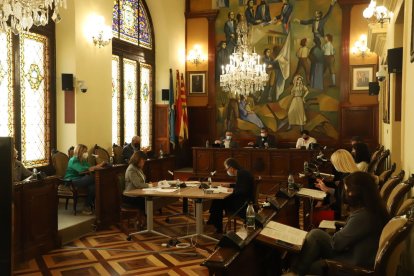 Un moment del ple presencial i telemàtic celebrat ahir.