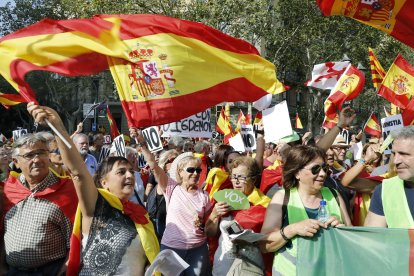 Els manifestants van fer onejar una multitud de banderes espanyoles i també alguna senyera.