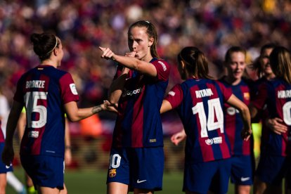 Caroline Graham Hansen celebra el seu gol en el partit, que va significar el 2-0, i va ser una mostra més de la seua exhibició ahir davant del Reial Madrid.