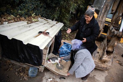 Dos de les cuidadores voluntàries de la colònia, ahir amb un dels gats que va aparèixer mort.