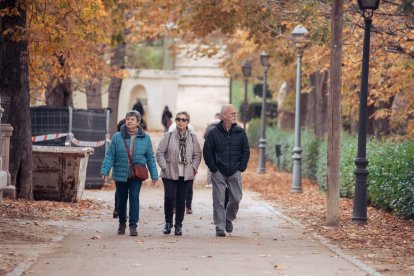 Unes persones en edat de jubilació passegen per un parc en una típica imatge tardoral.