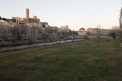 L’estat actual del parc de la canalització del riu Segre, amb grans zones en què no hi ha gespa.